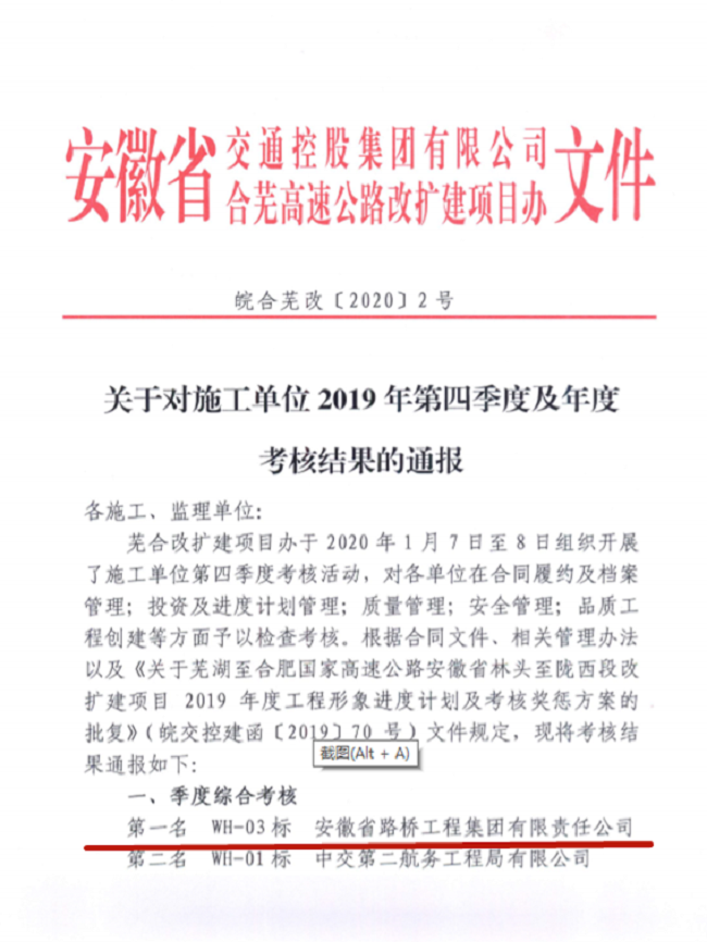 路桥集团芜合高速改扩建三标项目喜获业主单位年度综合审核第一、第四序度综合审核第一
