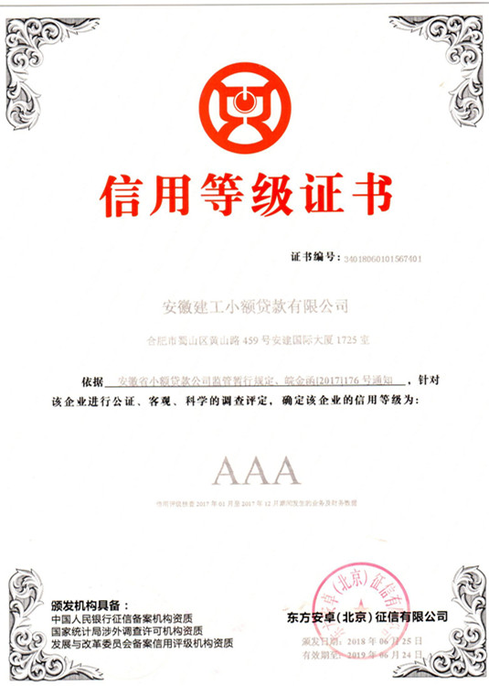 安徽365英国上市小额贷款公司再获行业最高“AAA”信用品级证书