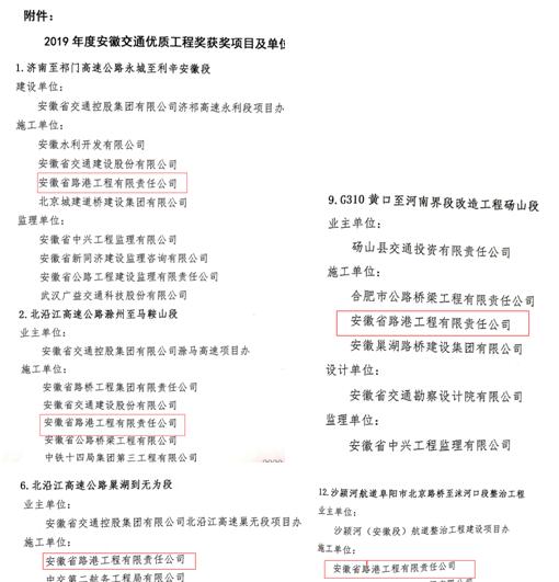 安徽路港5个项目荣获2019年度安徽交通优质工程奖