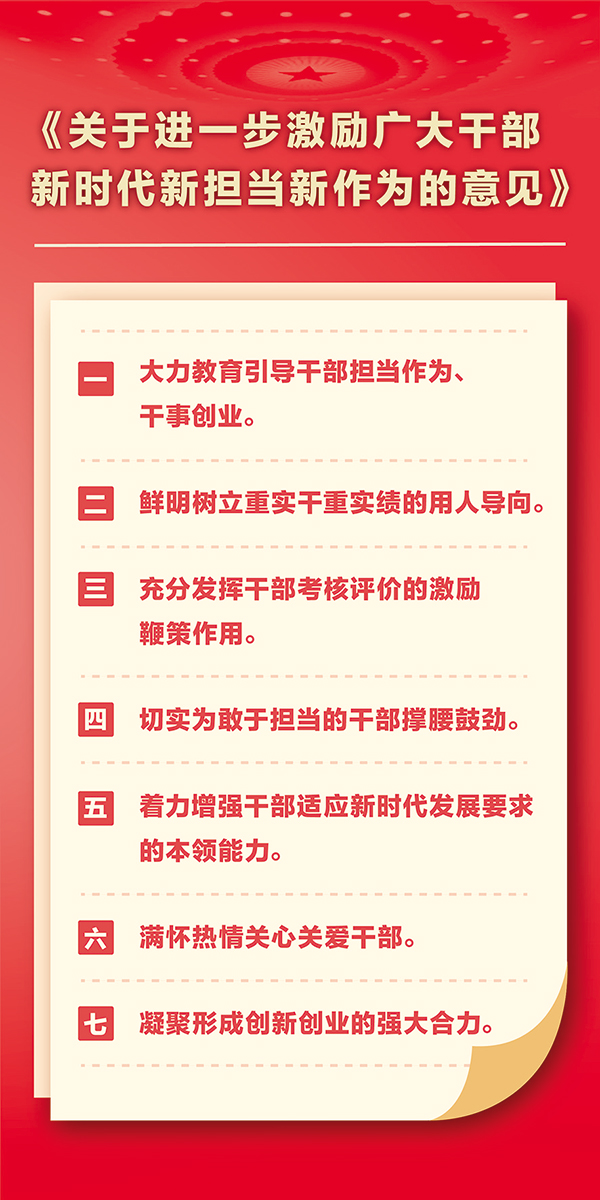 2018年，，，，中共中央办公厅印发《关于进一步激励宽大干部新时代新继续新作为的意见》，，，，从增强头脑教育、树立准确用人导向等七个方面作出整体性安排、制度性安排。。。。。。
